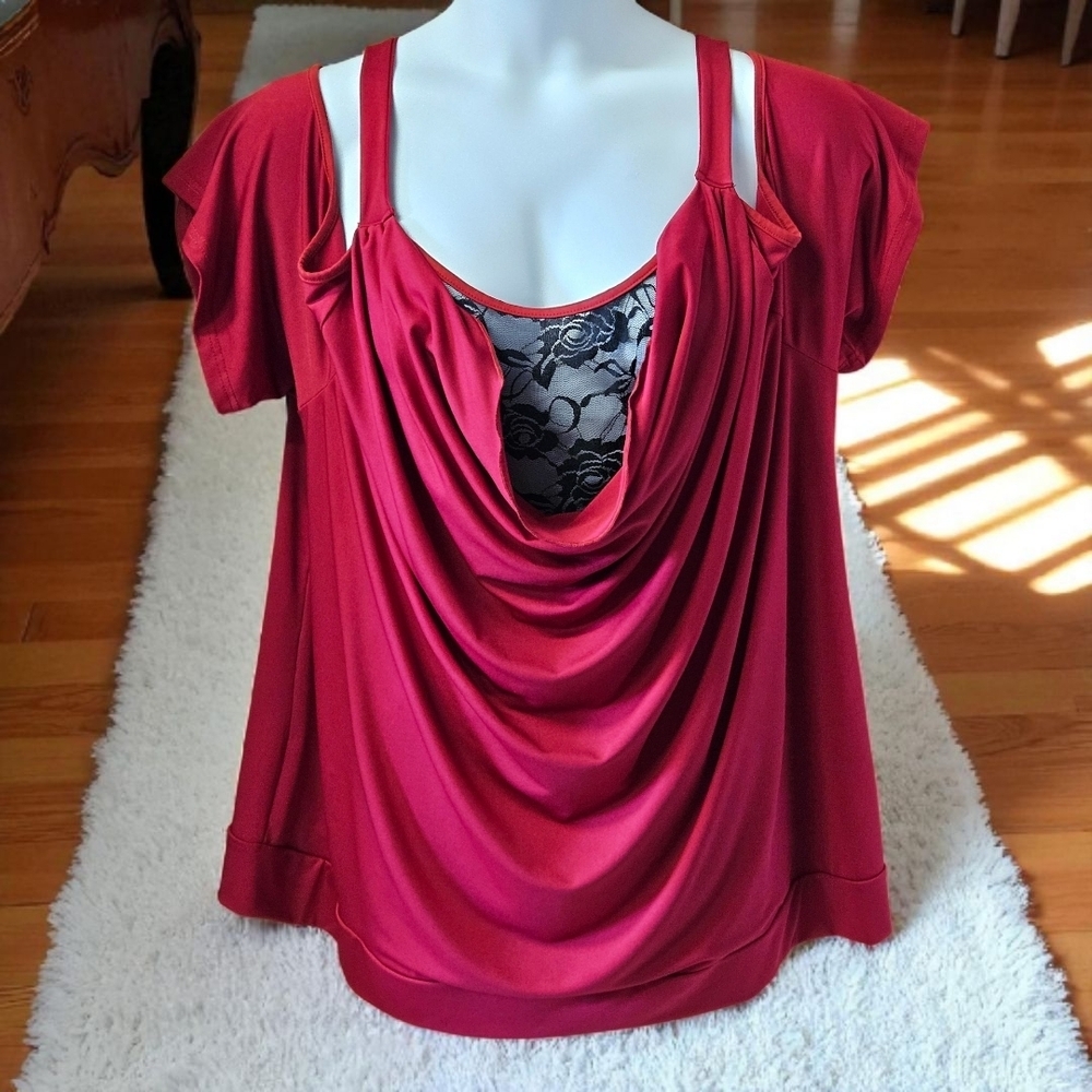 ROSEGAL  Elegant red & black women's Cold Shoulder top  with lace &  rose detail
